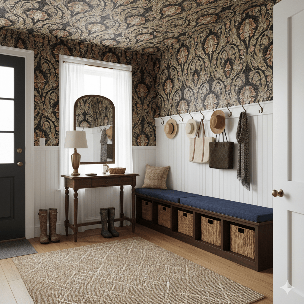 Victorian Damask Morrissey in Gold, Black and Salmon MF10841 - Mayflower Wallpaper