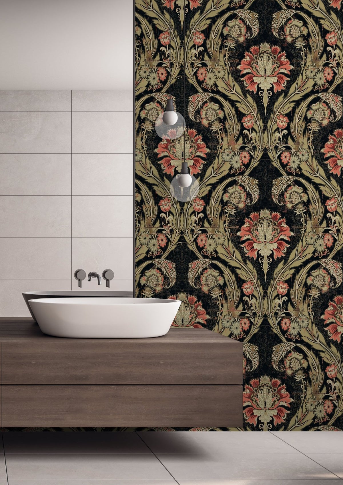 Victorian Damask Morrissey in Gold, Black and Salmon. MF10841. - Mayflower Wallpaper