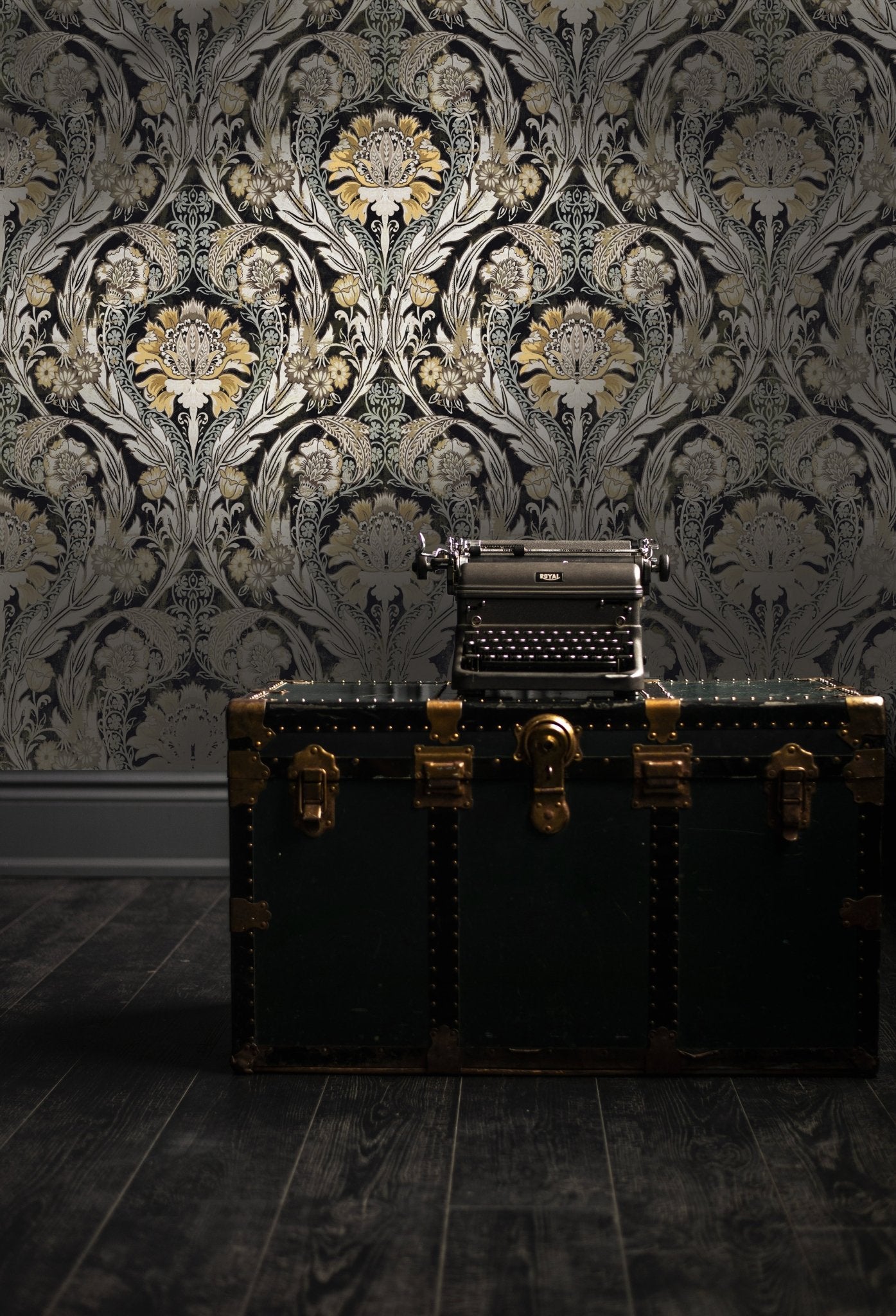 Black damask store wallpaper