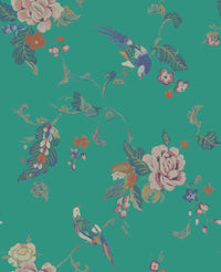 Graceful tropical birds balanced atop pink roses and cream peonies on a teal backdrop.