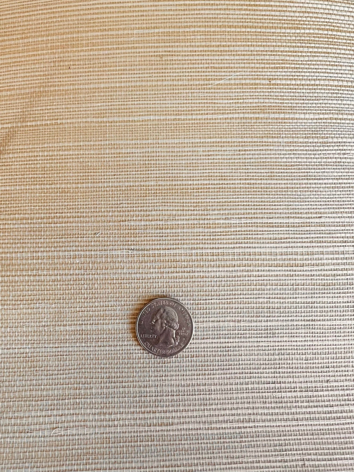 Tan grasscloth wallpaper with a quarter on top