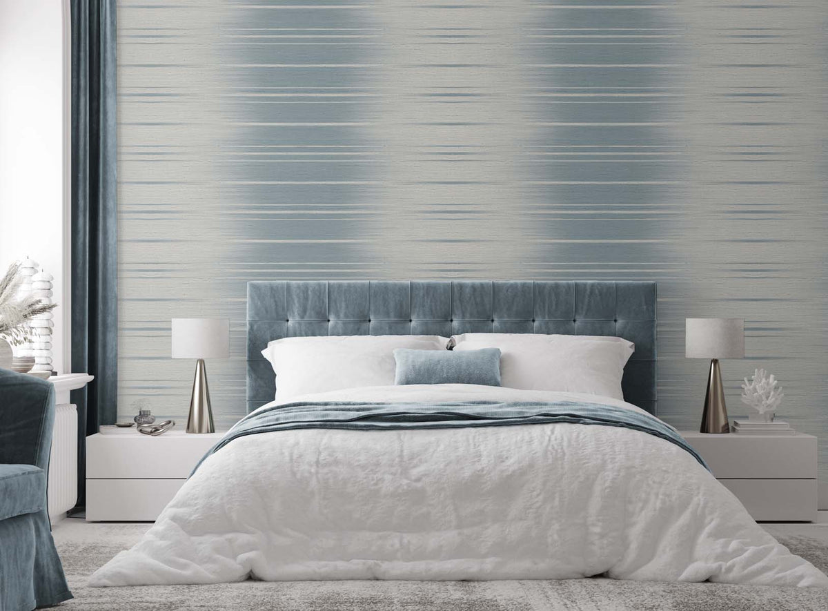 Light Blue Faux Grasscloth Wallpaper in a blue and white bedroom