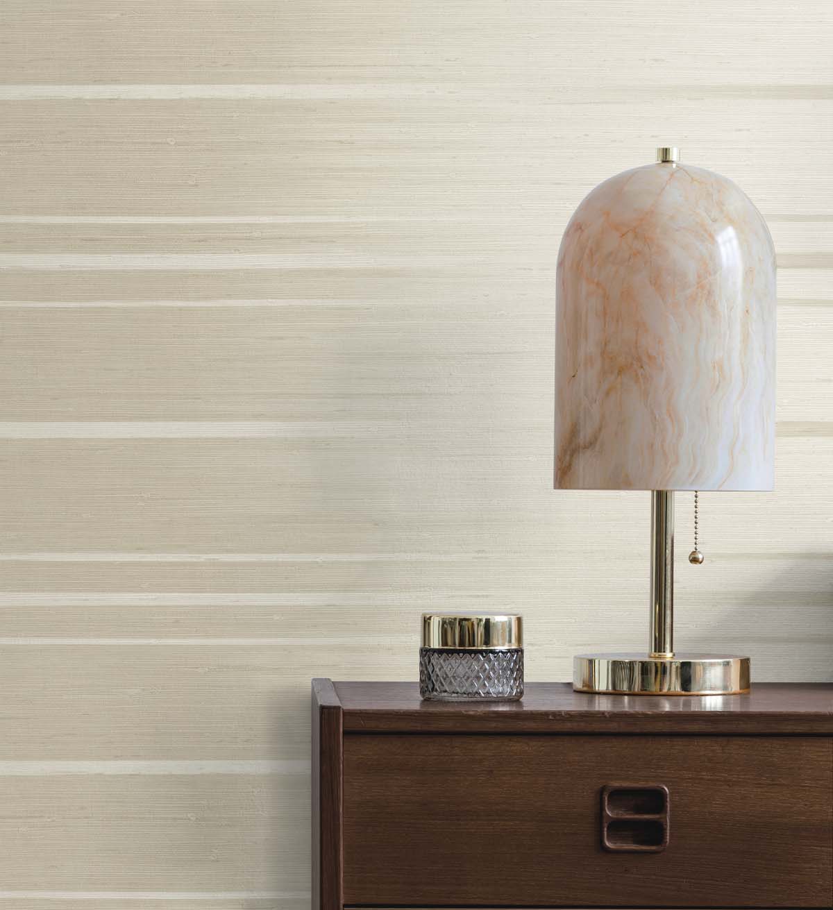 Brown Grasscloth Wallpaper with a desk lamp on a nightstand